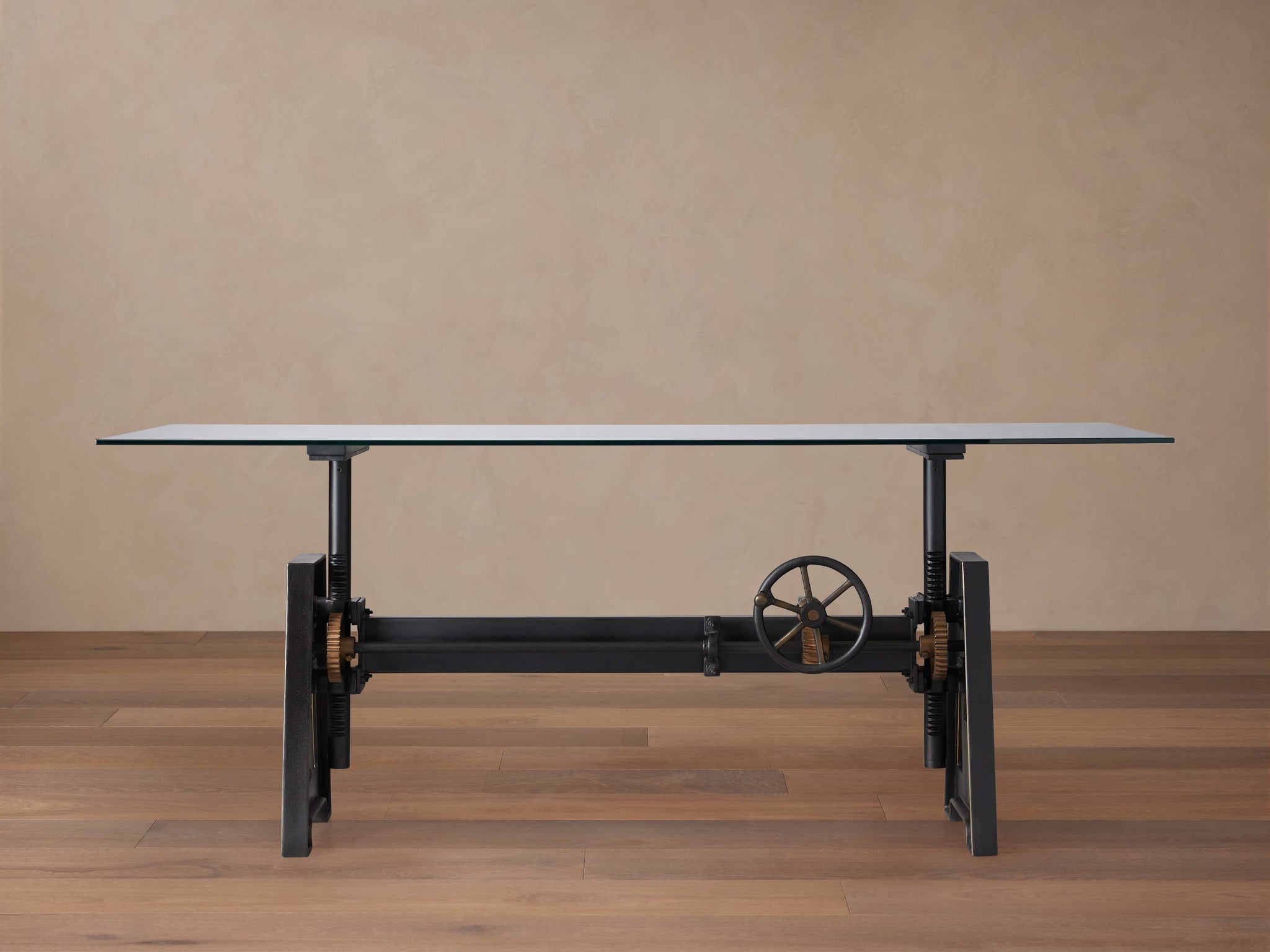 Industrial Crank Desk with Glass Top and Large Black Rubbed Copper Base